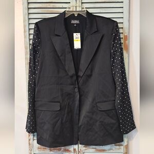 NWT DANIELLE BERNSTEIN Womens M Black Satin Rhinestone Sleeves Party Blazer Coat